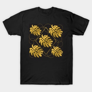 Golden Monstera Leaves Pattern on Black T-Shirt